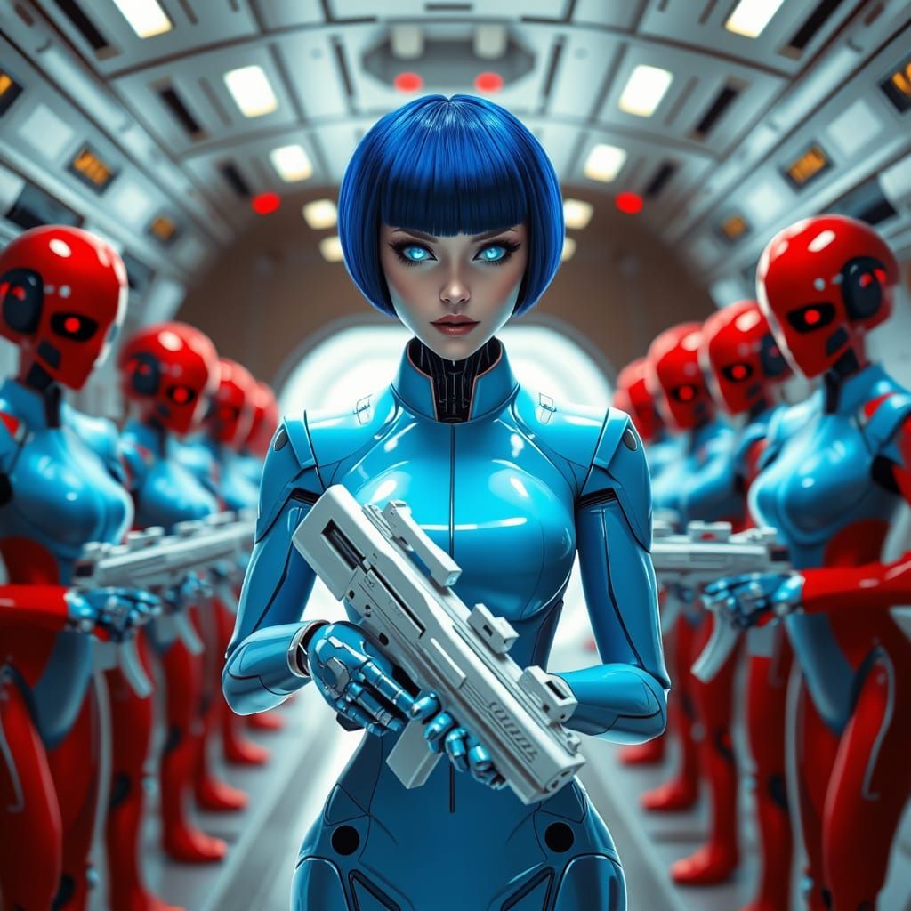 Robot Pin-Up Girl Walks Down Starship Corridor with Laser Ri...