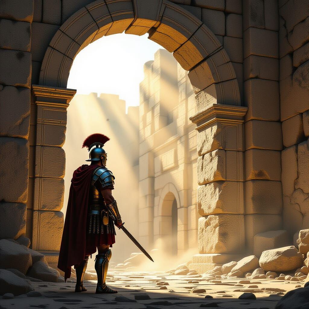 Roman Centurion Guards Ancient Archway in Dramatic Light
