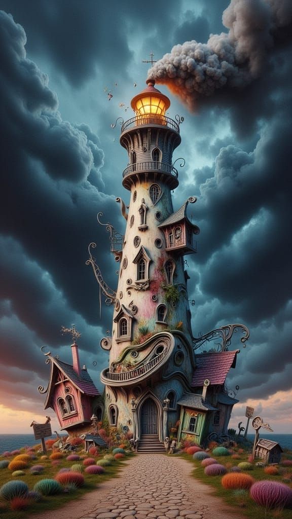 Lighthouse Piercing Storm Clouds in Bold Street Art Style
