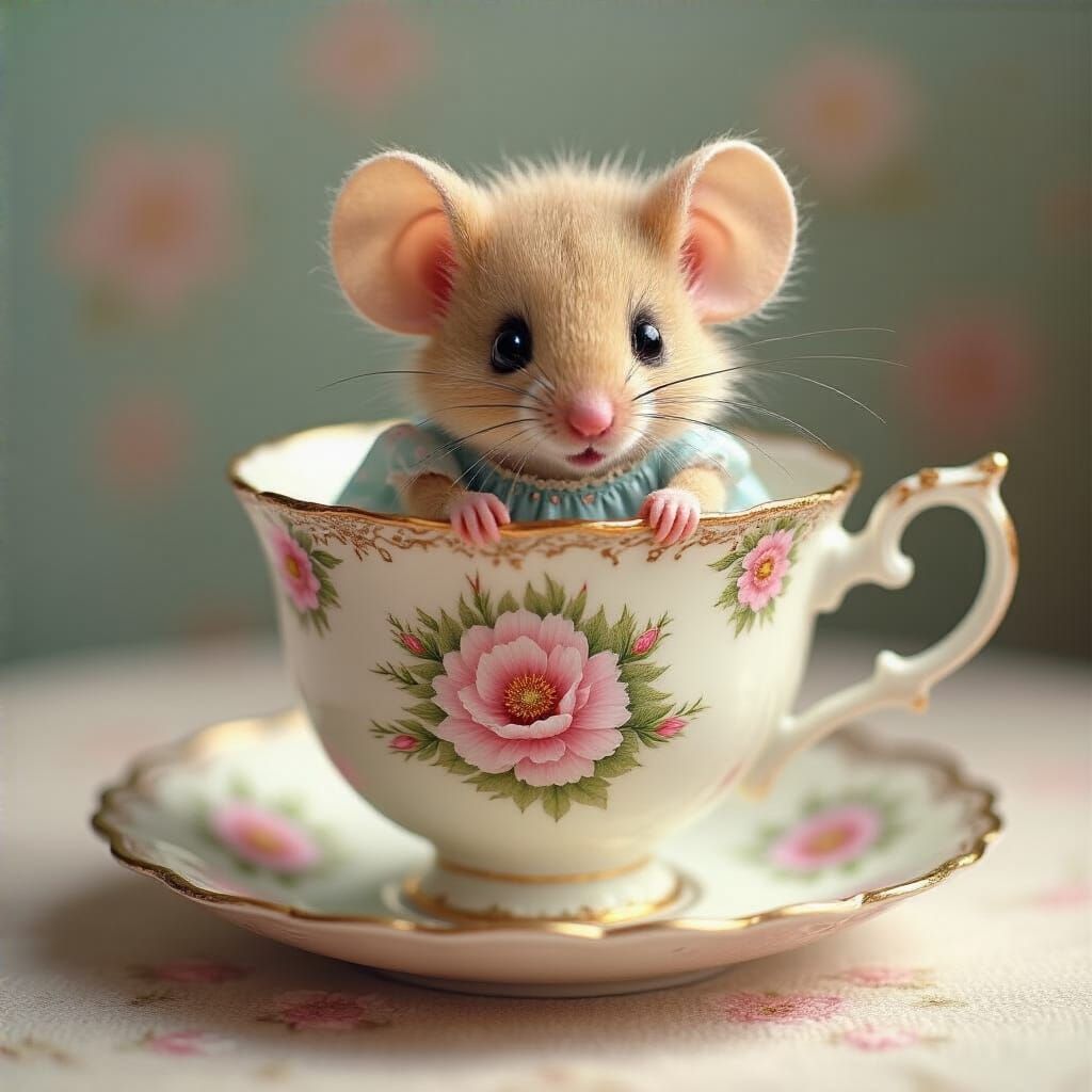 A cute little mouse peaking out behind the back of a small t...
