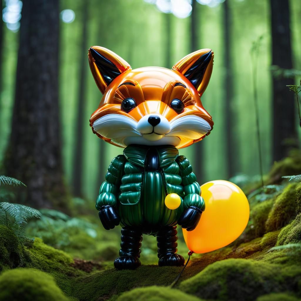 Balloon Fox in Forest, Hyperrealistic Digital Art