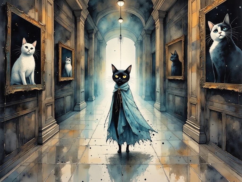 Ghostly Cat in Grand Hall as Watercolor Art