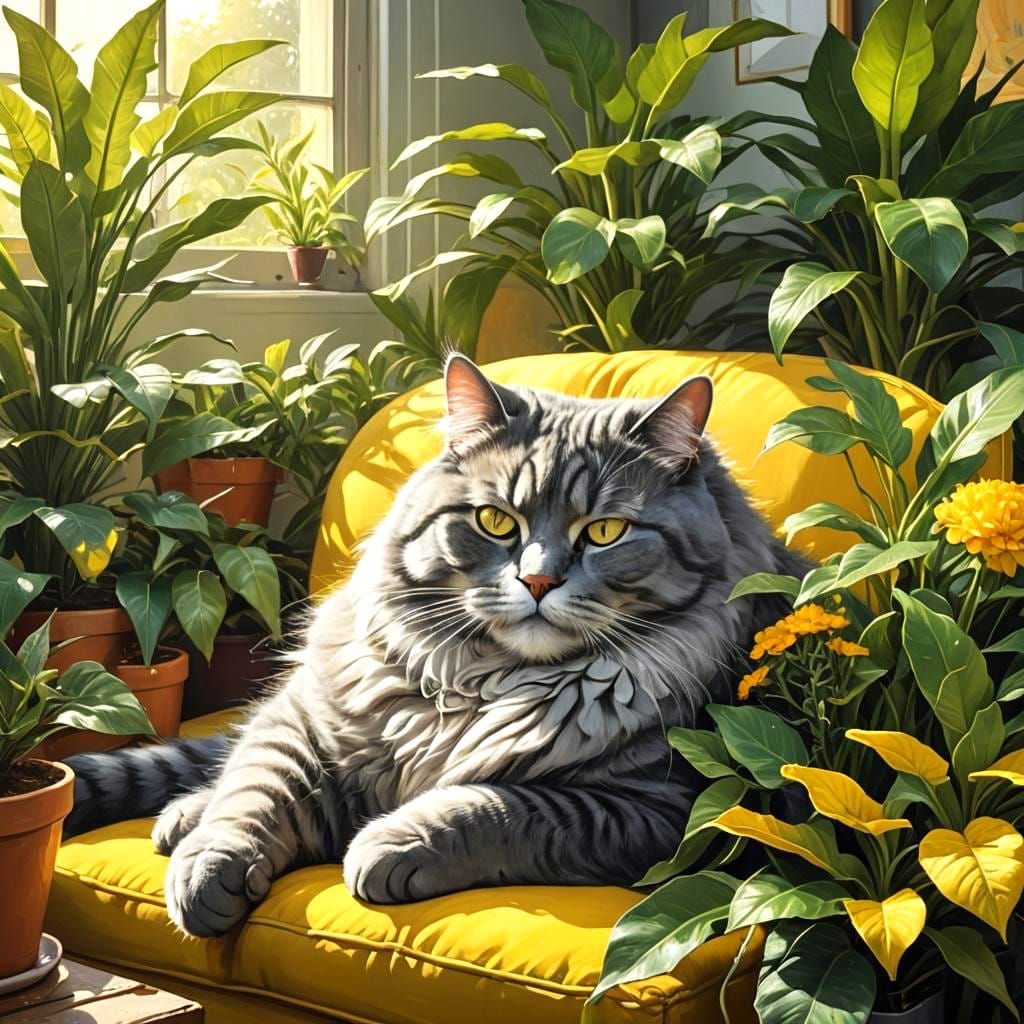 Grey Cat Sleeping: Detailed Matte Painting