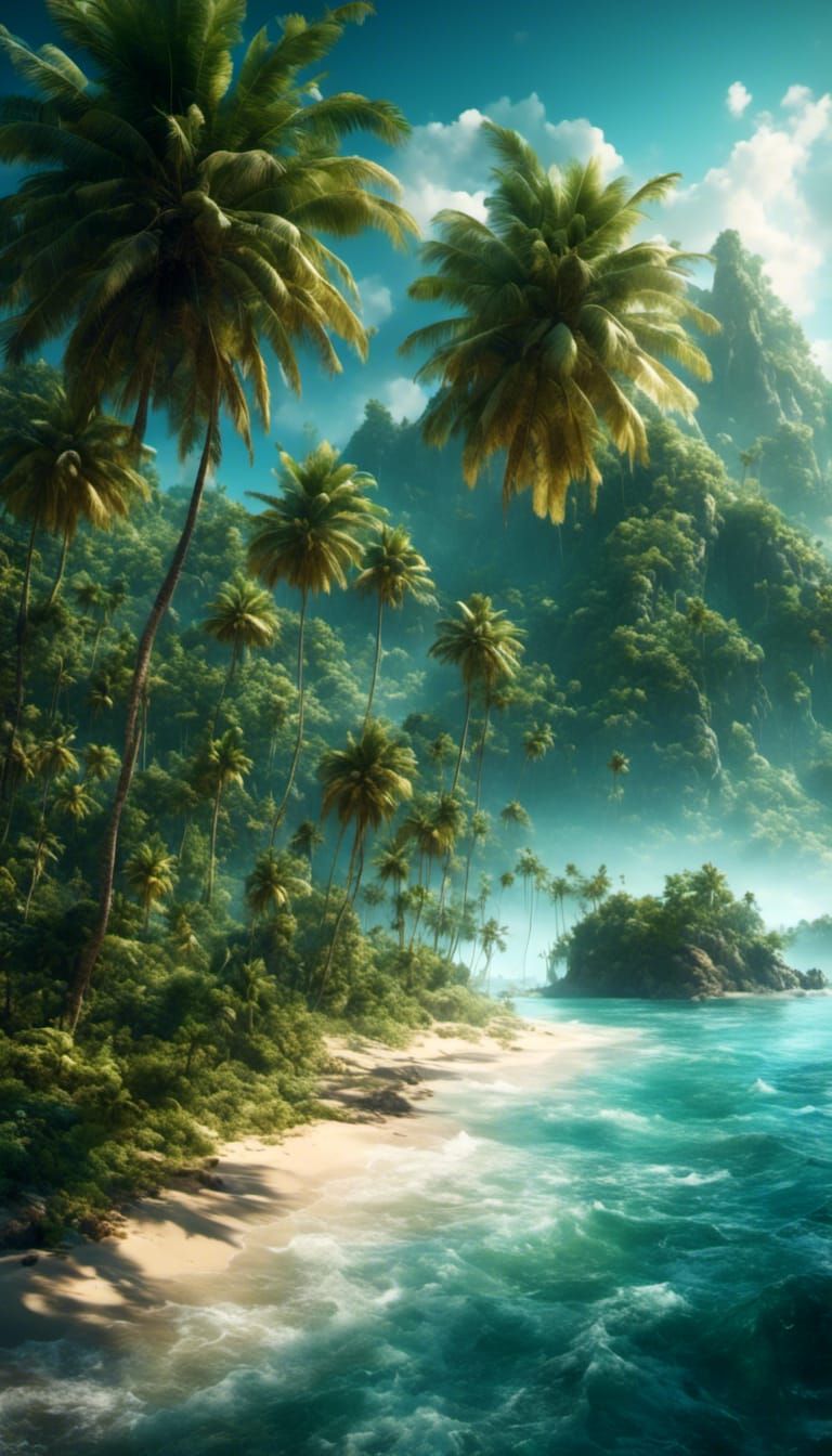 Hyperrealistic Beach Scene with Palm Trees
