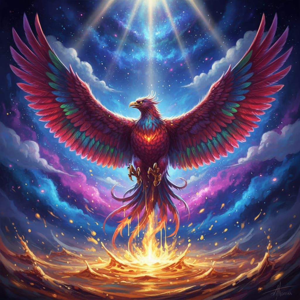 Phoenix Rising from Molten Gold Nebula