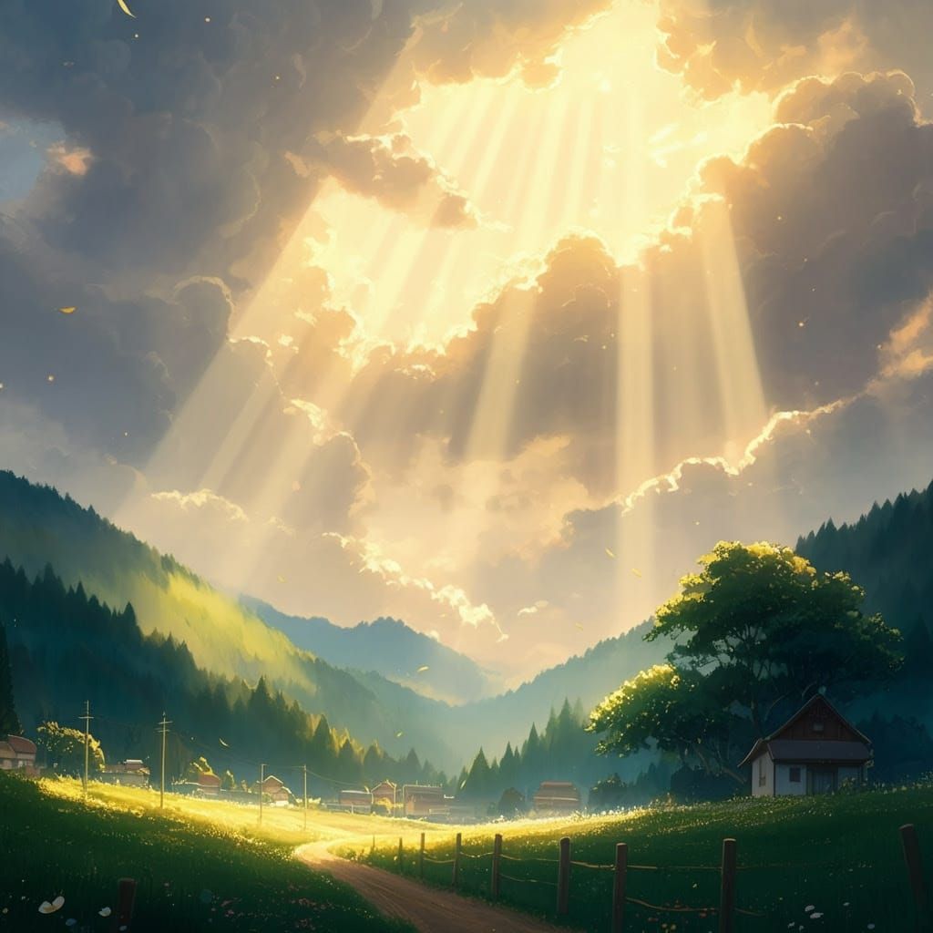 Dramatic Crepuscular Rays in a Golden Landscape