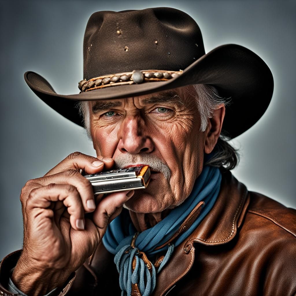 Cowboy Close-Up Playing Harmonica Portrait