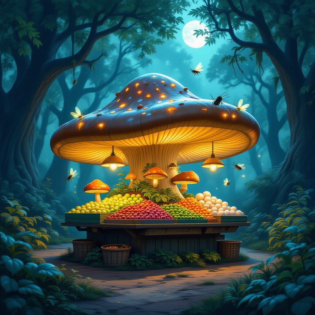 Surreal Mushroom Farm Stand in Fantasy Forest