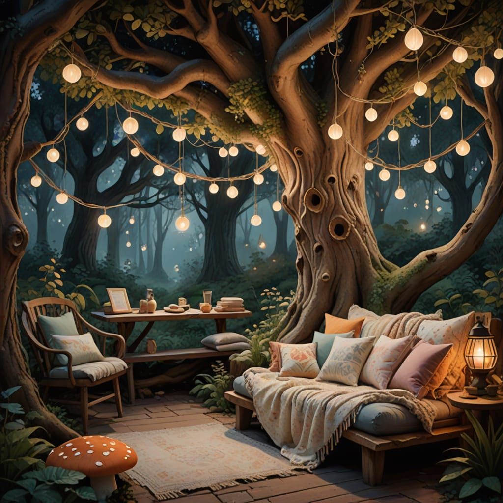 Enchanted Tree Reading Nook in Watercolor Style