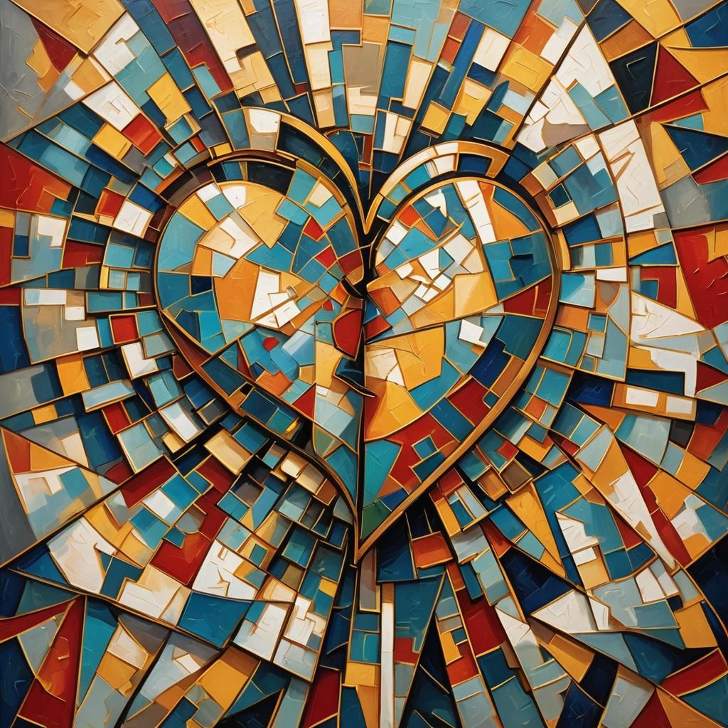 Cracked Heart in Cubist Style with Golden Light