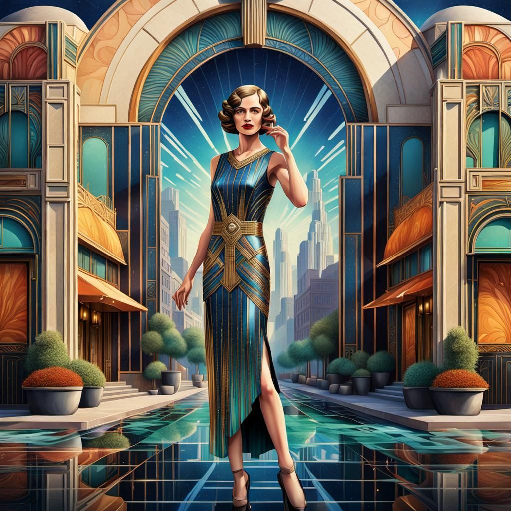 Gorgeous Woman in Front of Art Deco Building