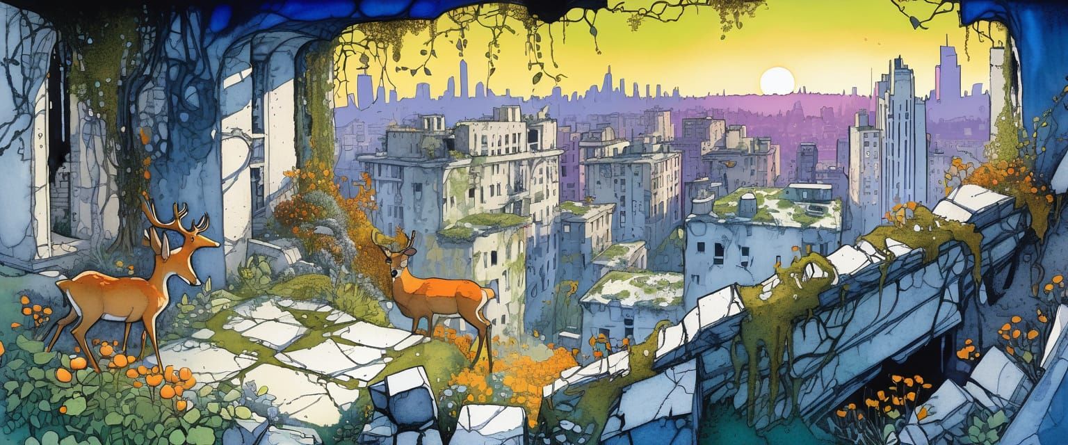 Overgrown City Ruins in Comic Book Style