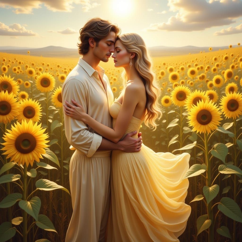 Lovers Embrace in Sunflowers, Ethereal Fantasy Art
