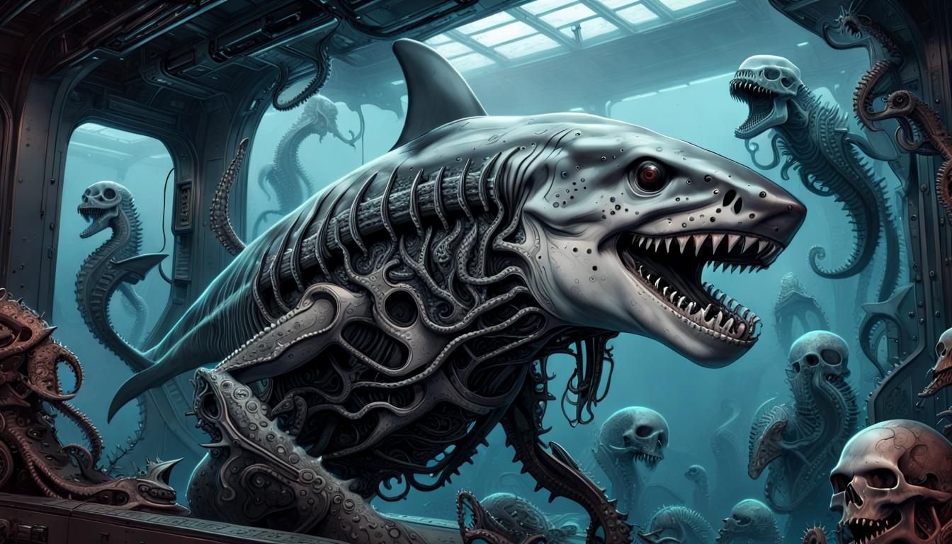 Cyberpunk Dieselpunk Etching with Sharks and Aliens