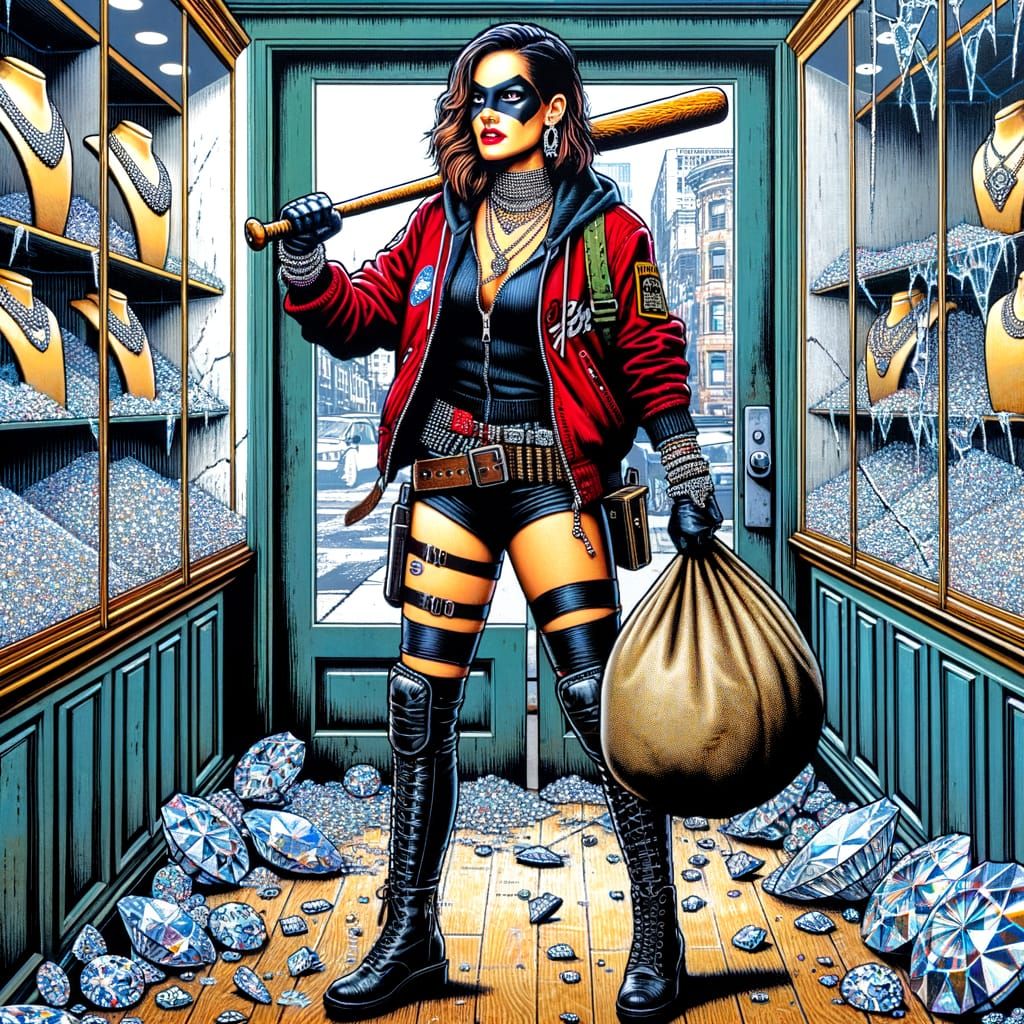 Female Thief in a Jewel Heist Scene with Pop Art Vibe