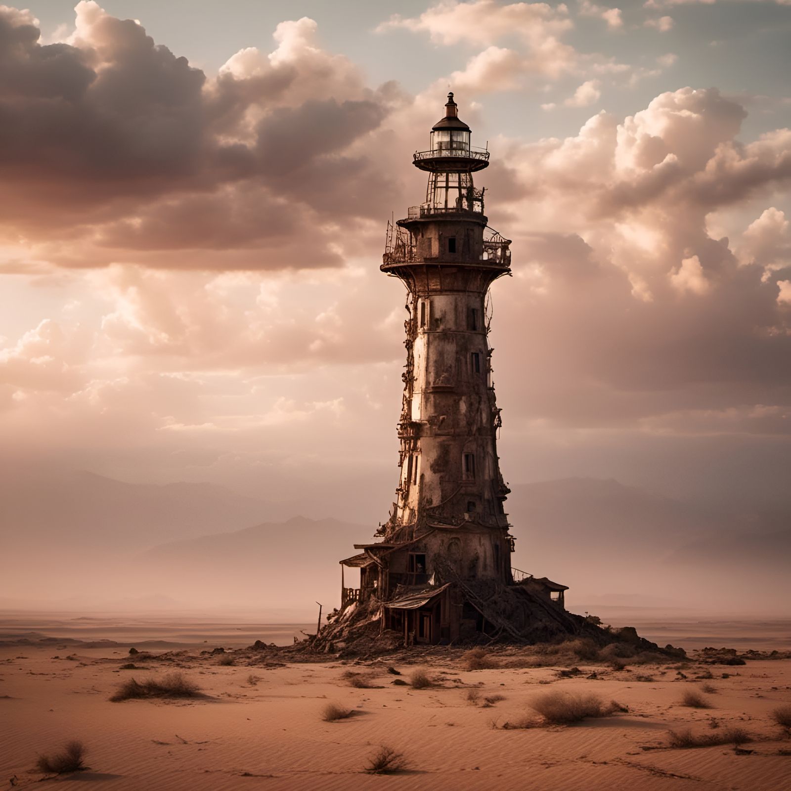 Desert Lighthouse with Distant Mountains