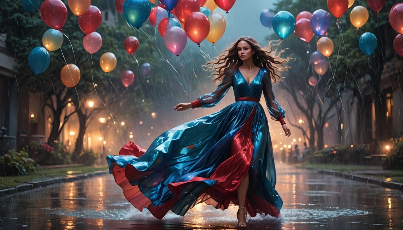 Woman in Iridescent Gown Holding Balloons in Rain