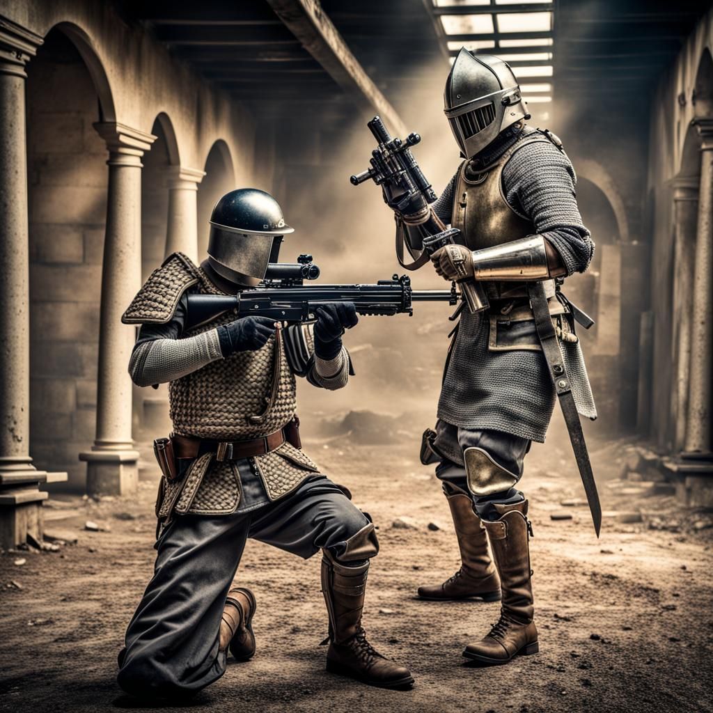 Knight and Soldier Duel in Hyperrealistic Style