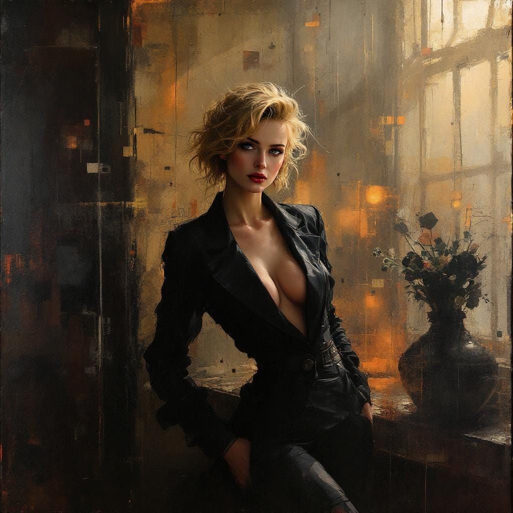 Film Noir Pin-Up with Luminous Forms and Atmospheric Depth