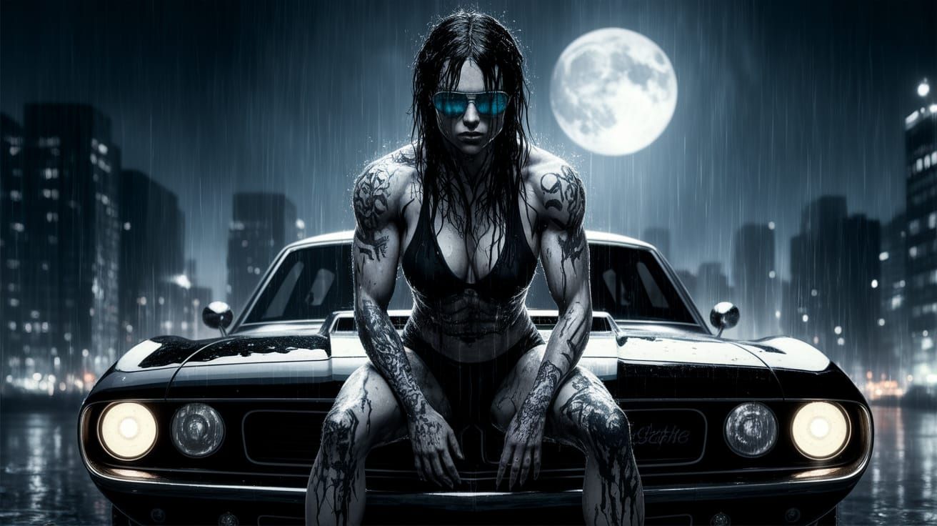 Gothic Goddess in Rainy Cityscape