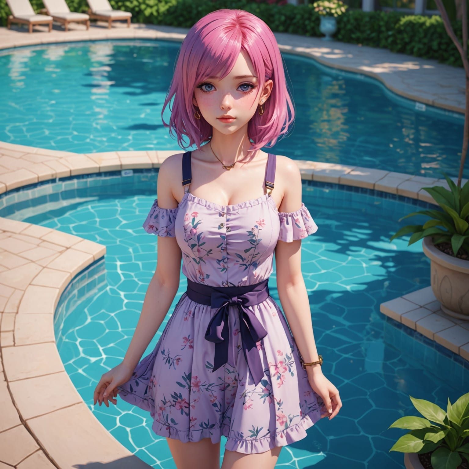 Anime Woman in Summer Dress by Pool