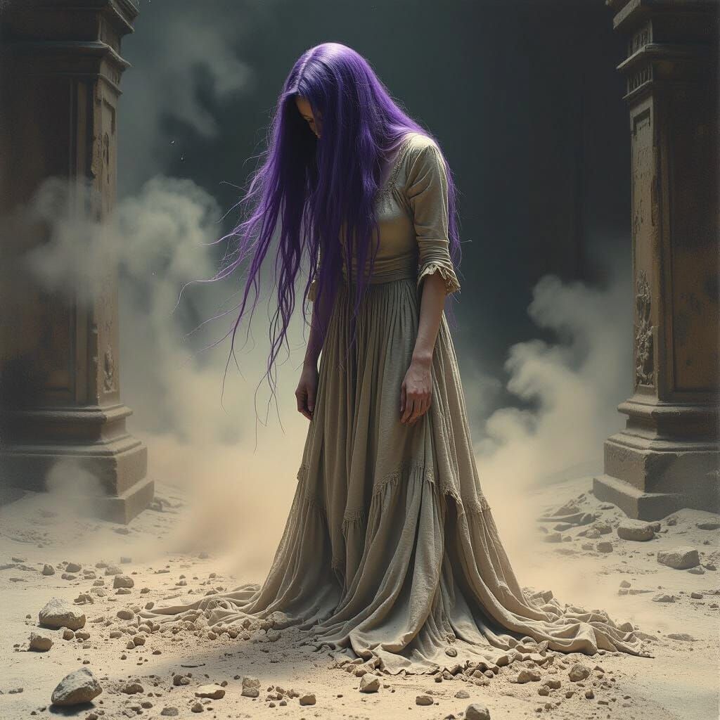 Haunting Violet-Haired Woman Crumbling to Dust