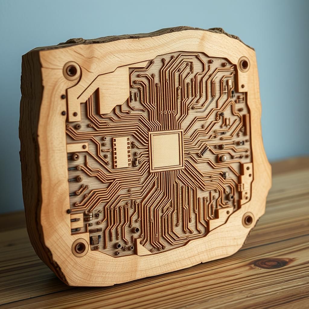 Detailed 3D Wood Carving of Circuit Board Schematic