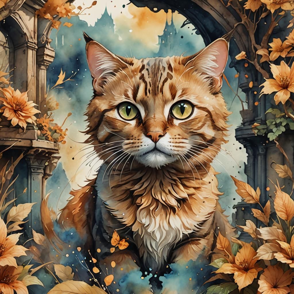 Watercolor Tan Cat Fantasy Concept Art