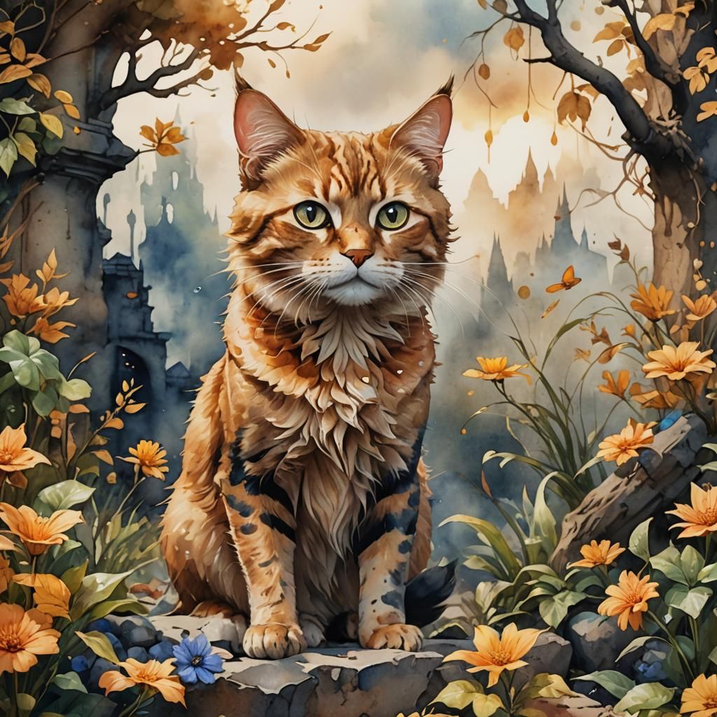 Tan Cat Watercolor Fantasy Concept Art