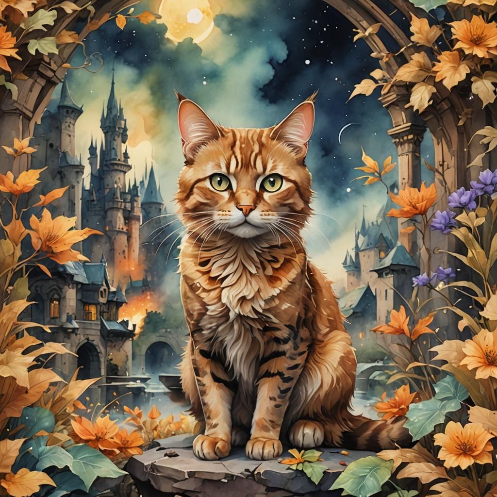 Watercolor Tan Cat Fantasy Concept Art