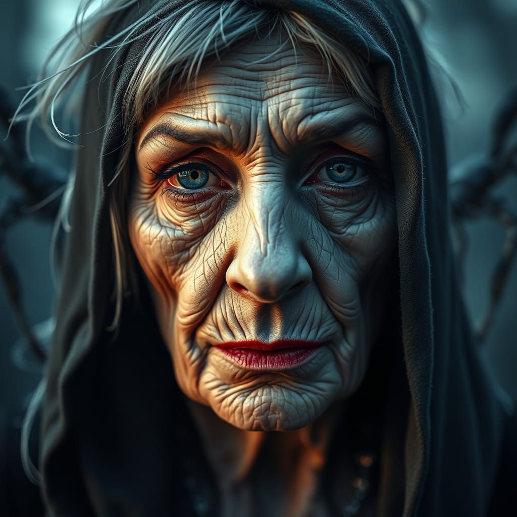 Haunting Veiled Portrait with Creepy Crawlies in the Shadows