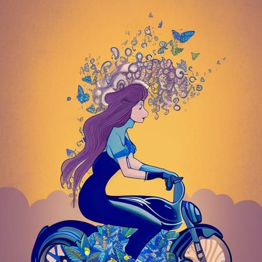 Woman on Motorcycle Surrounded by Butterflies