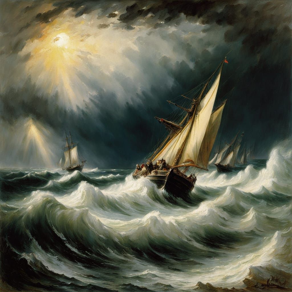 Turbulent Sea with Sailboats in Dramatic Storm