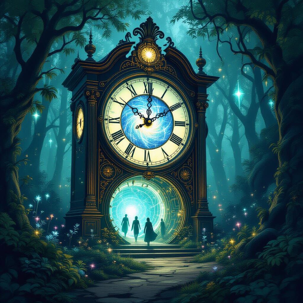 Bioluminescent Forest Portal Clock in Fantastical Realism