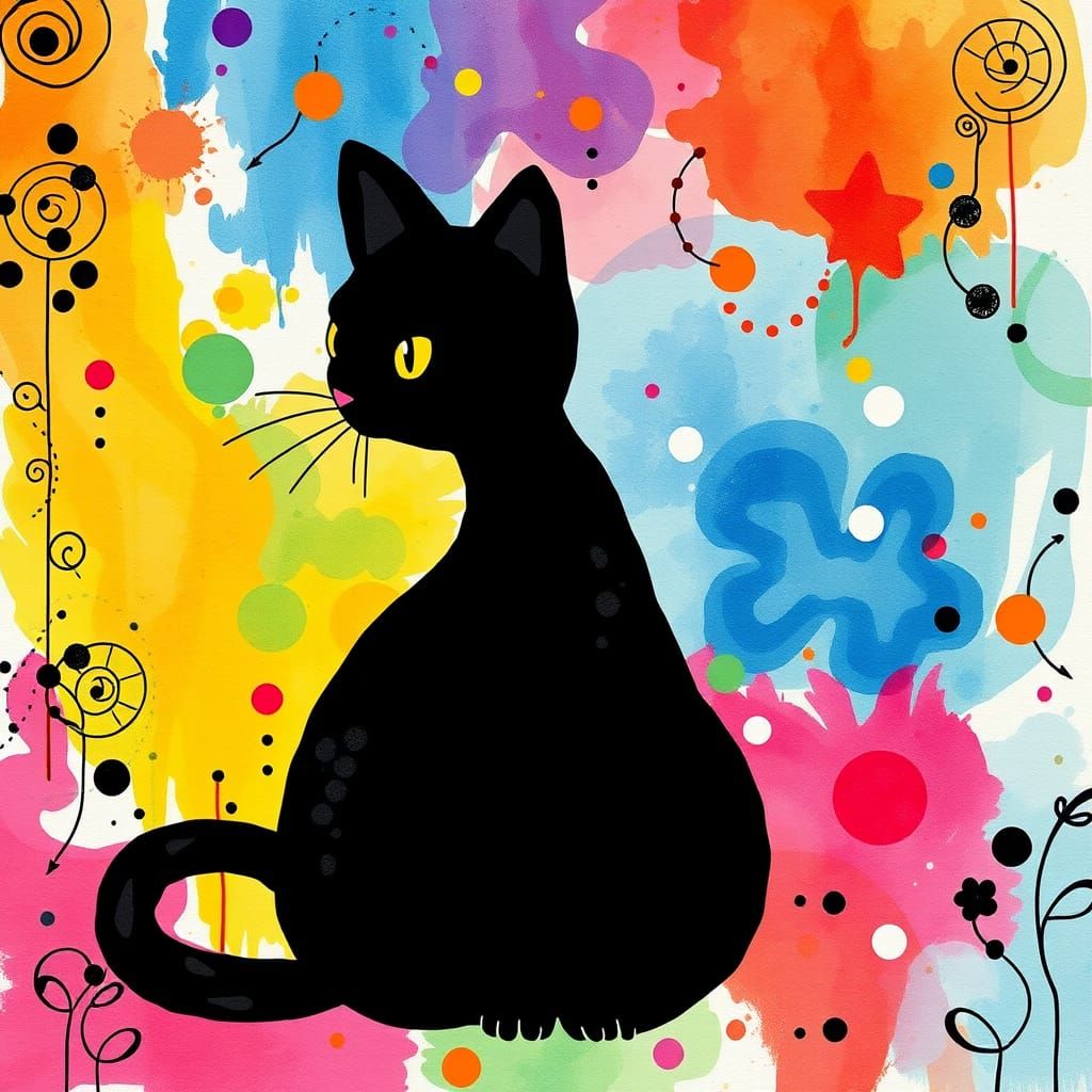 Whimsical Black Cat Silhouette in Vibrant Watercolor Dreamsc...