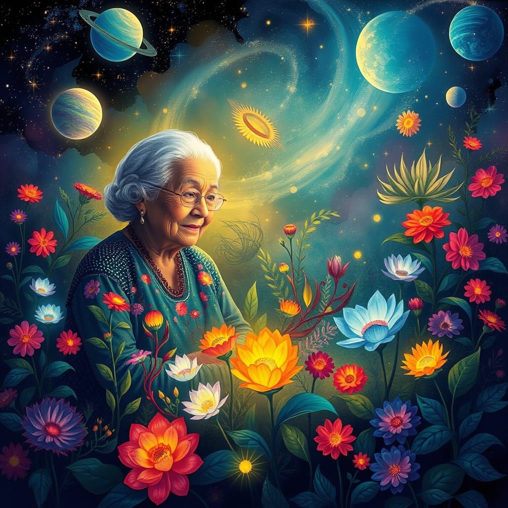 Grandmother's Whimsical Cosmic Garden in Vibrant Folk Art St...