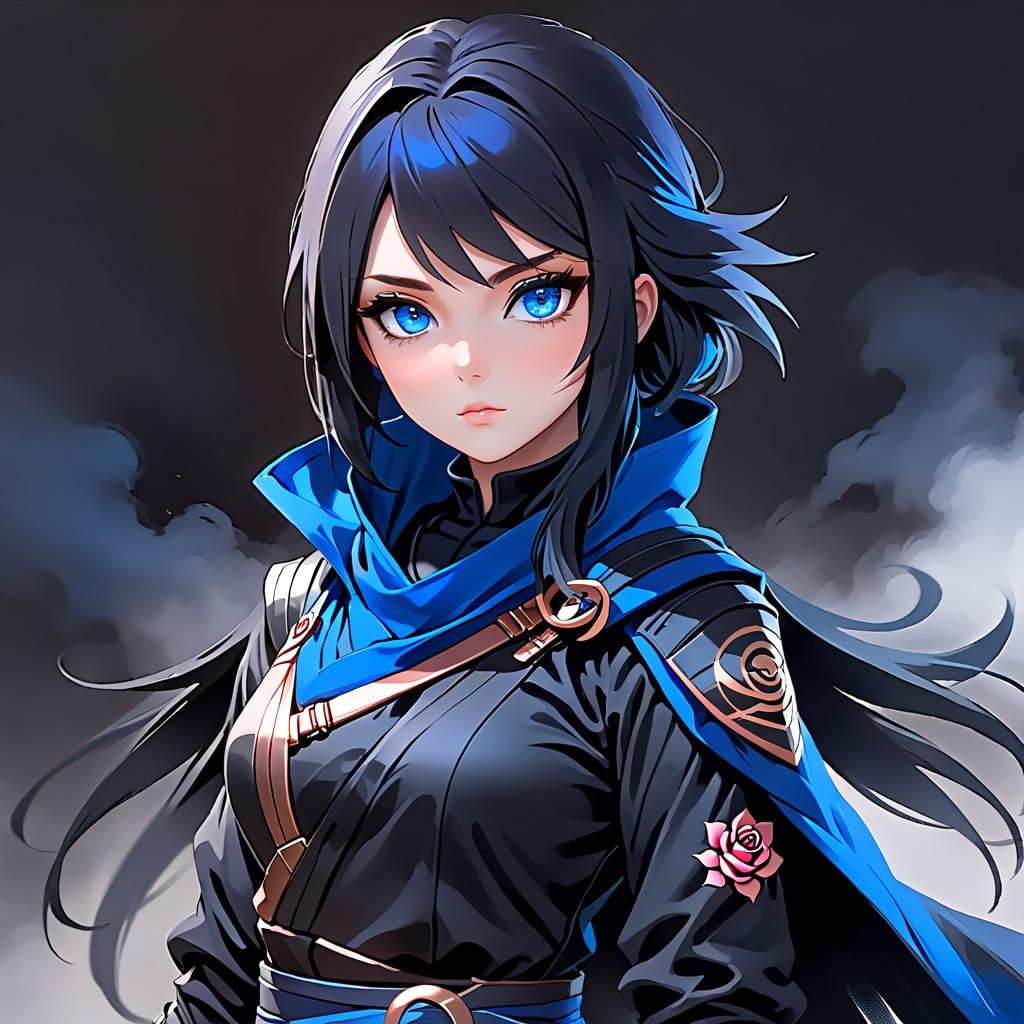 Female Ninja with Raven in Ink Wash Style