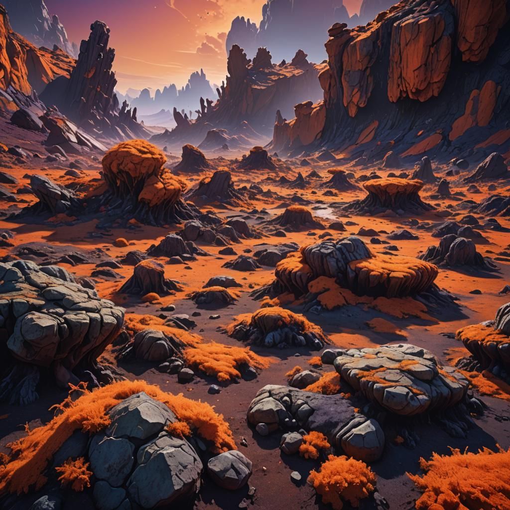 Vibrant Moss on Space Rocks: Surreal Alien Landscape