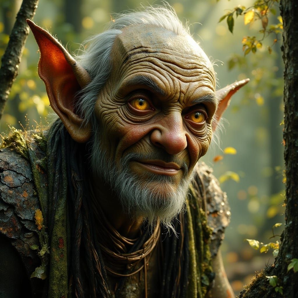 Old Wood Elf in Forest, as Oil Painting