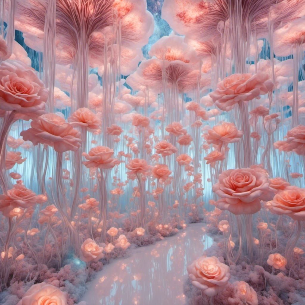 Psychedelic Roses in Hyperreal Glass Style