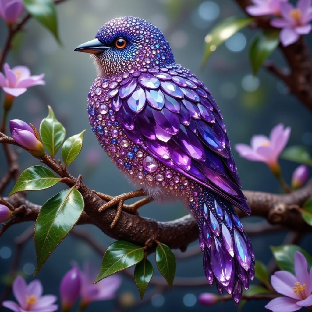 Crystal Bird on Jeweled Branch with Bokeh