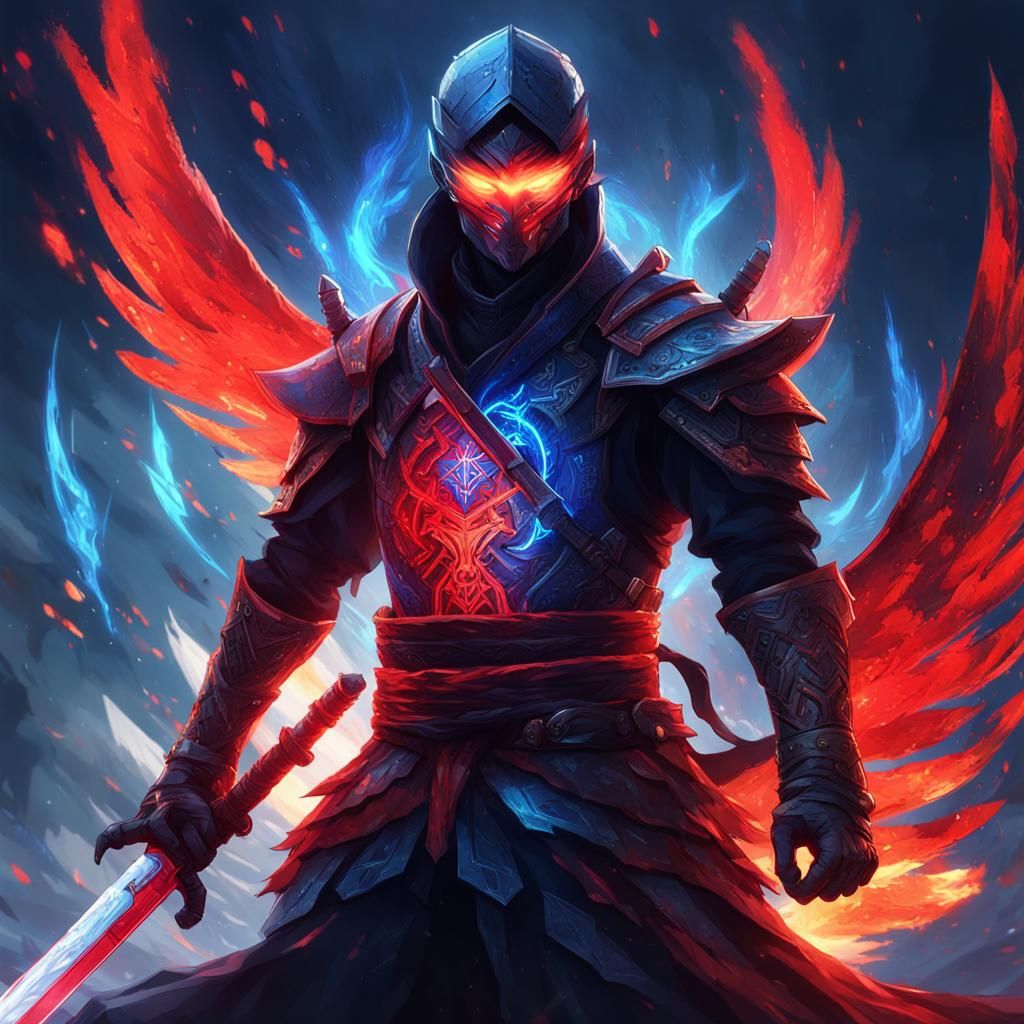 Ice and Fire Ninja Assassin in Anime Glitch Art