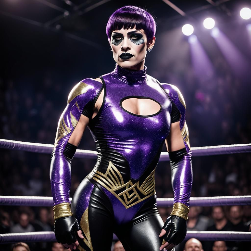 Goth Woman Wrestler in Spotlight: Hyperdetailed Anime Art