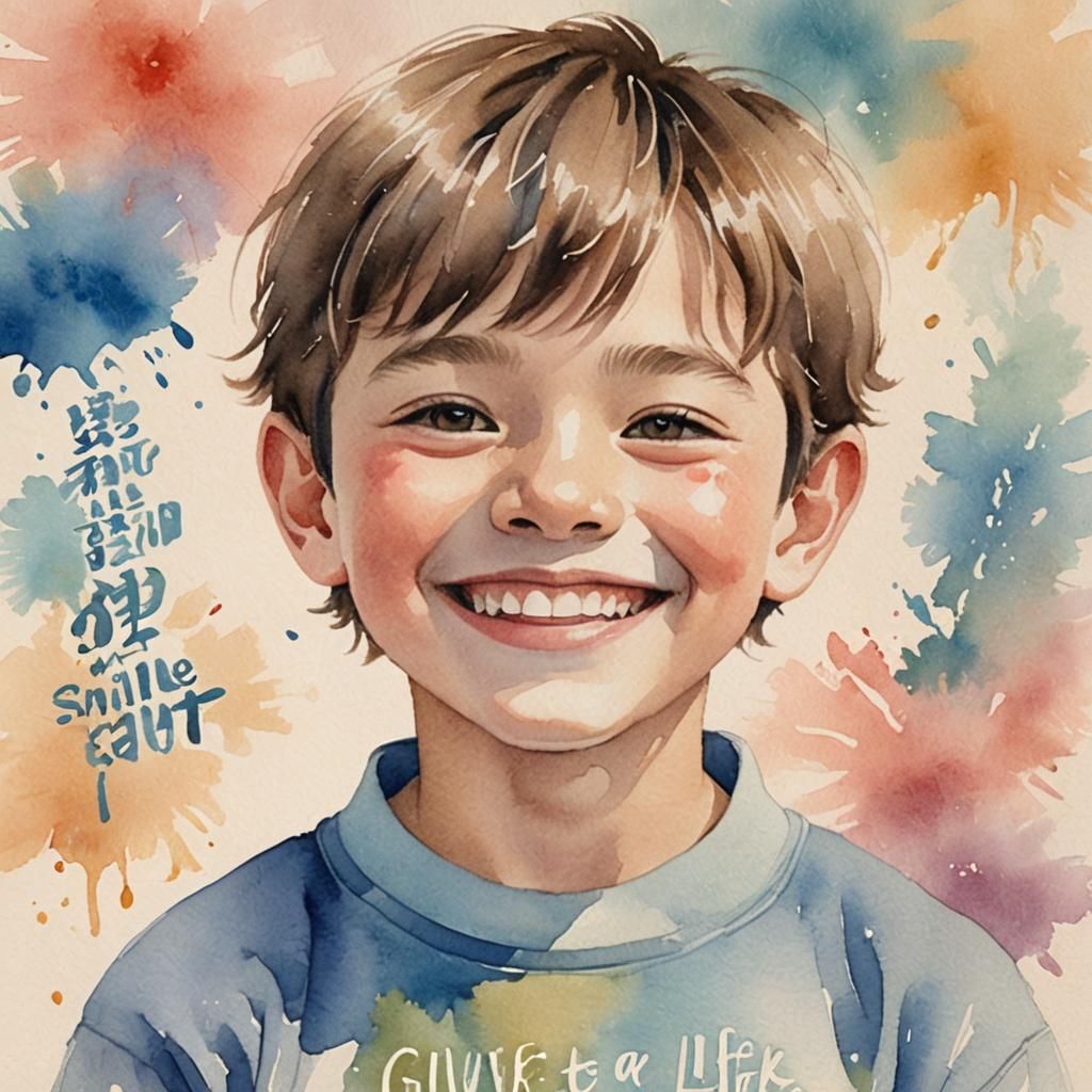 Smiling Boy with Sign in Watercolor Style