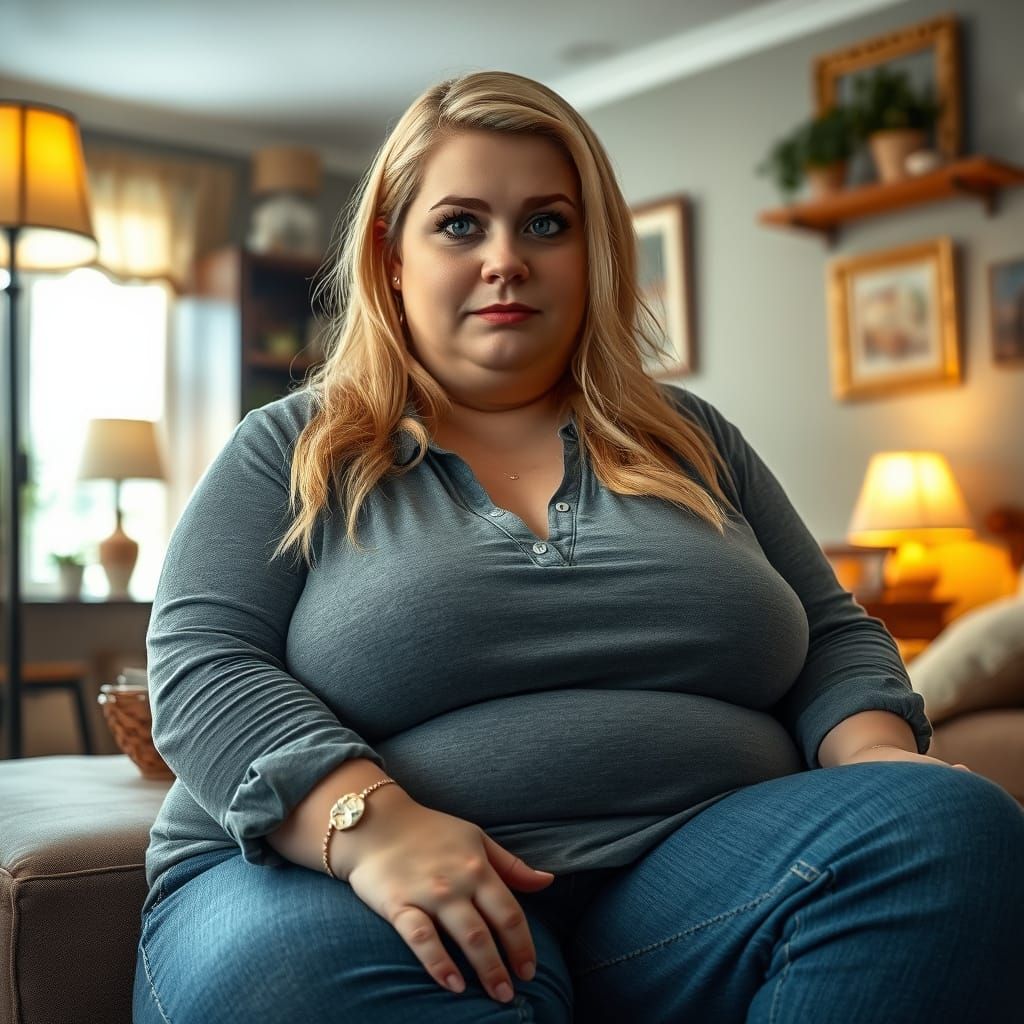 Hyperrealistic Portrait of a Blonde Woman in Cozy Room