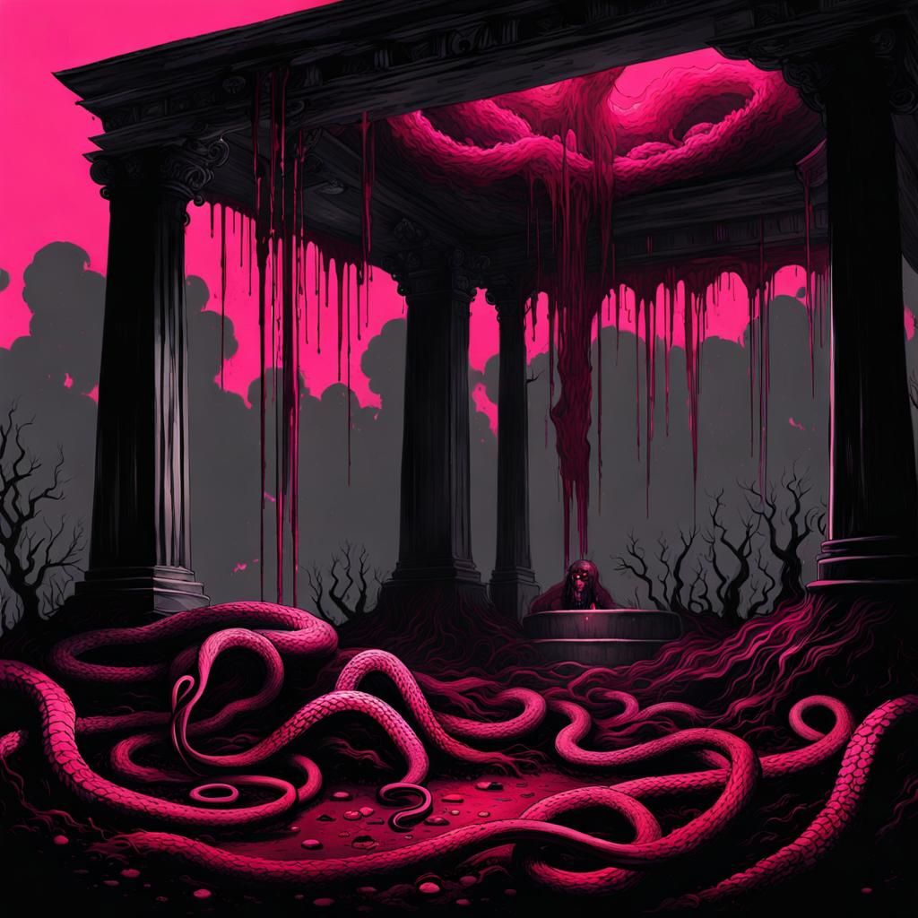 Creepy Dark Well with Serpents: Gothic Dystopian Art