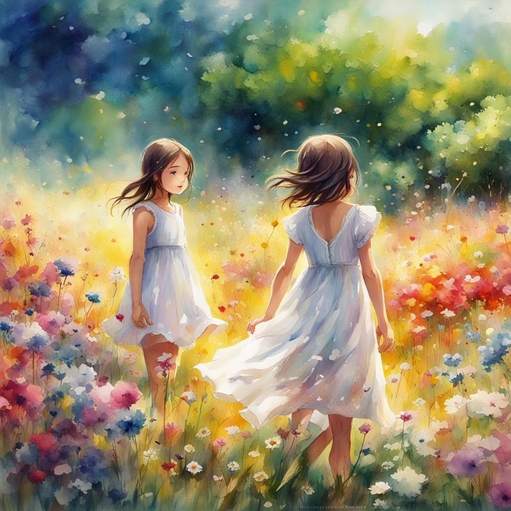 Kids Playing in Flower Meadow, Watercolor Art