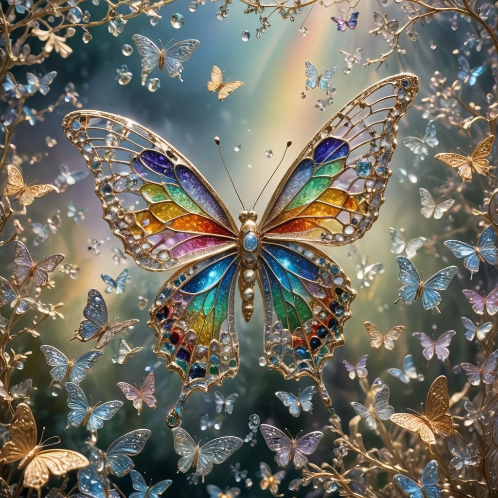Diamond Butterfly with Rainbow Wings in Surreal Style