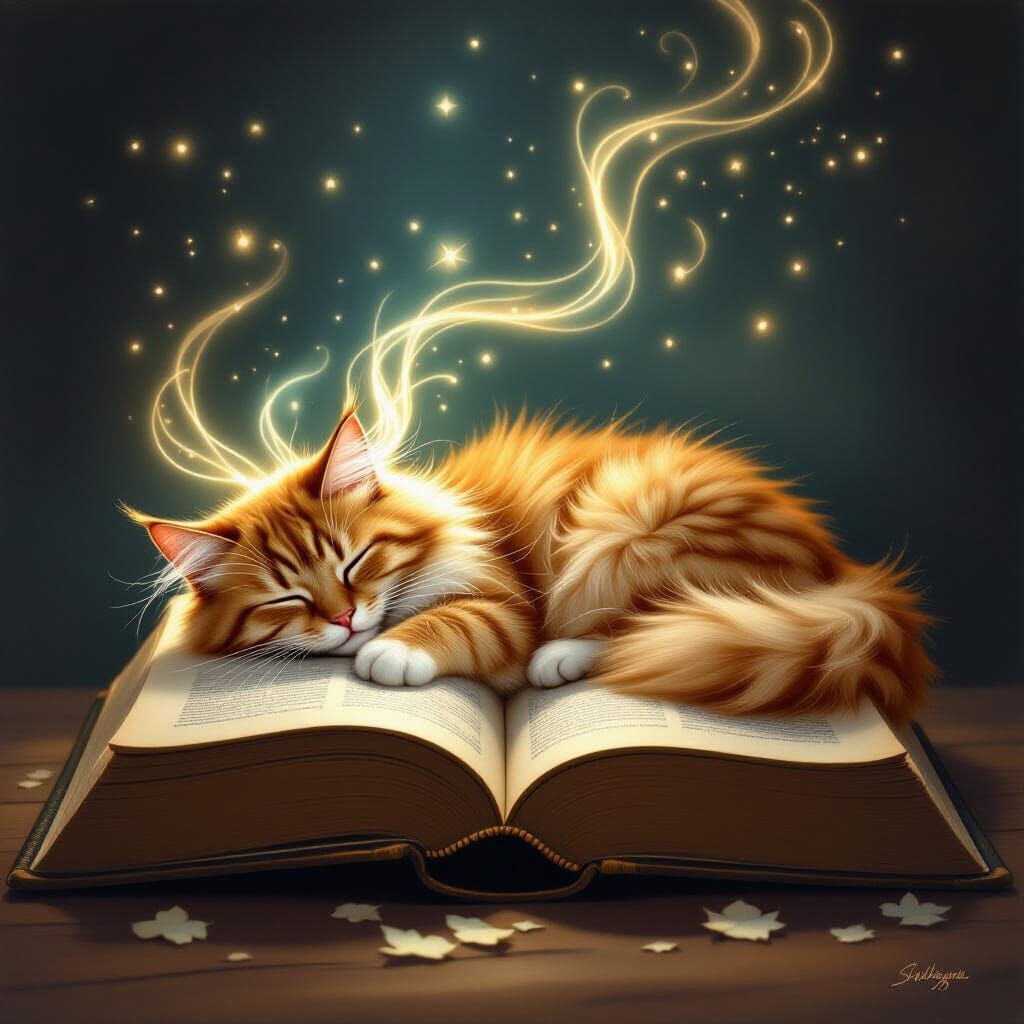 Fluffy Cat Sleeps on Book, Glowing Dreams Leak Out