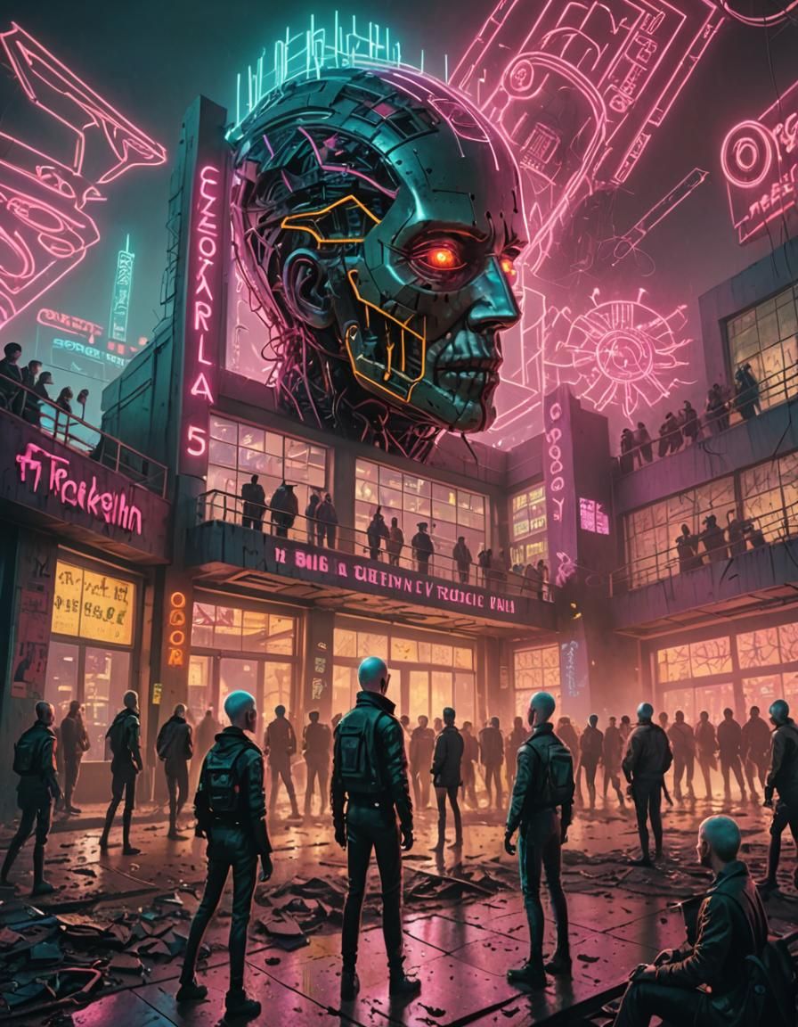 Dystopian School with Pinhead Figure in Cyberpunk Style